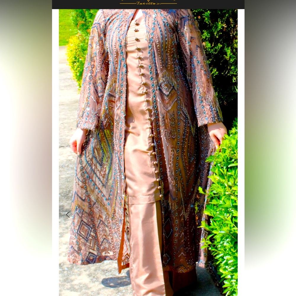 Brown/Blue Cut Dana, sequins,glass pipes Net/Silk dress,High neck, Full sleeves.